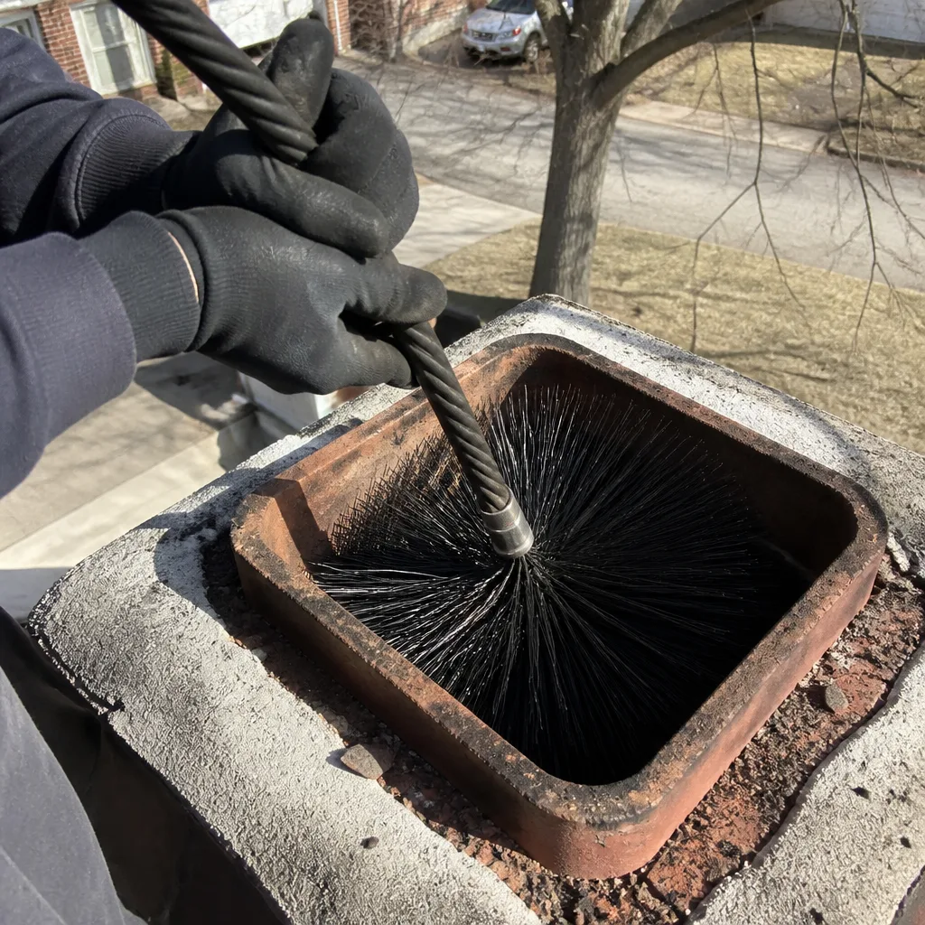Professional chimney sweep cleaning a chimney flue with a wire brush.