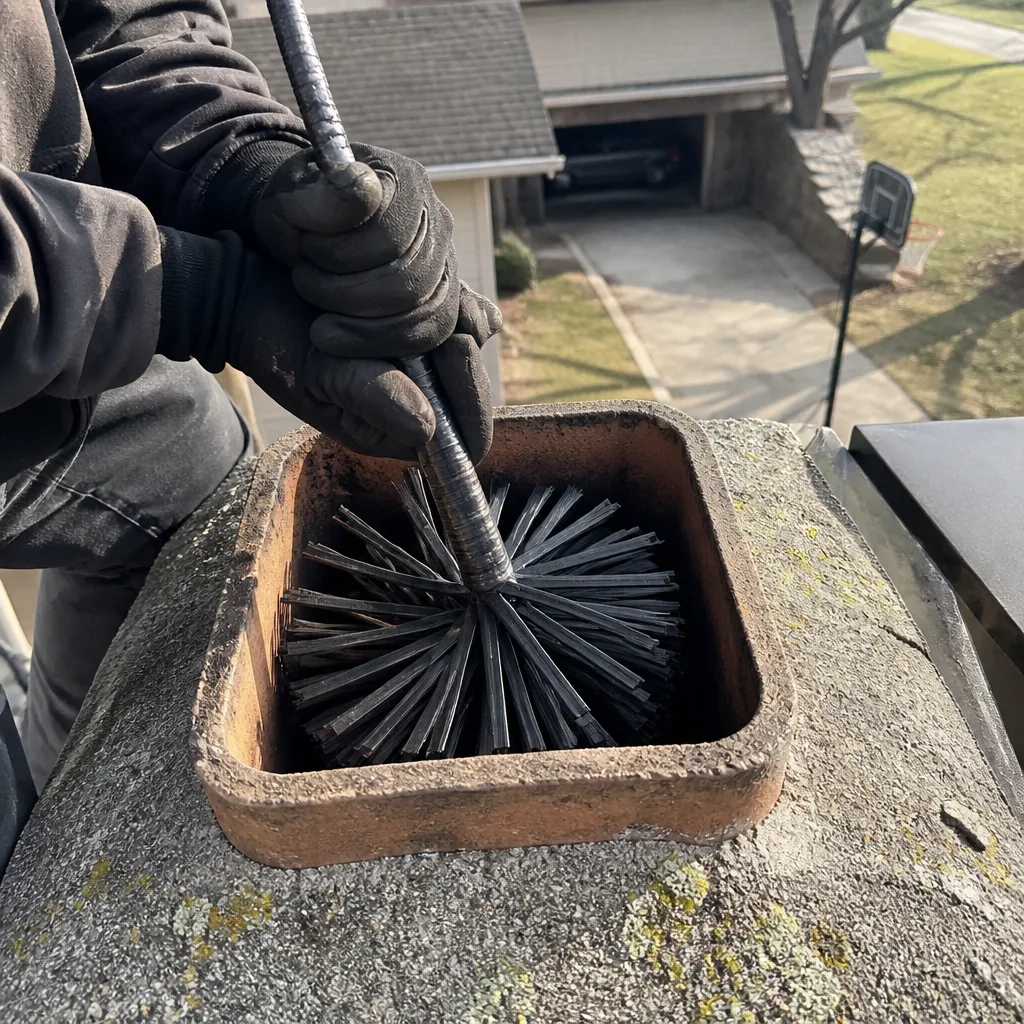 Professional chimney sweep cleaning a fireplace flue with a chimney brush