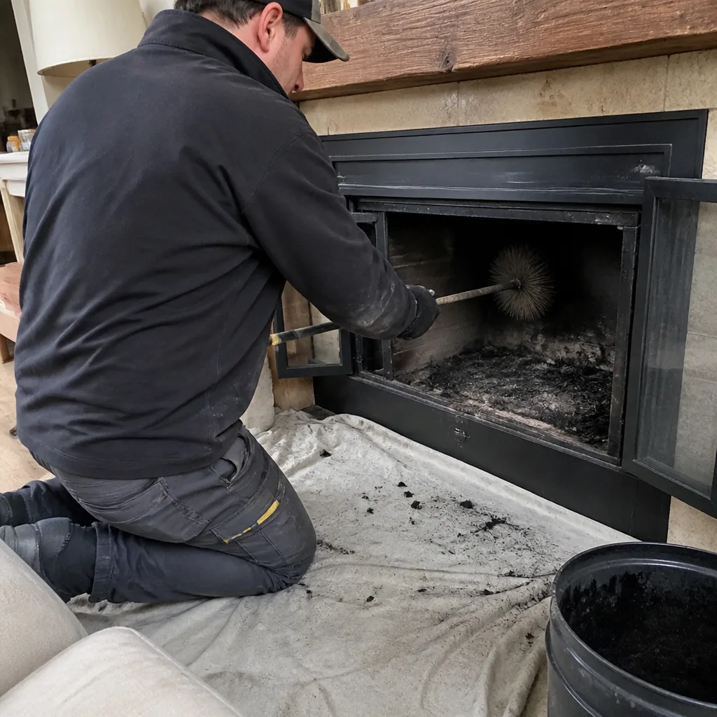Professional chimney sweep cleaning a fireplace with a chimney brush