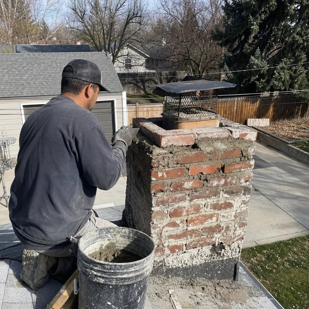 Professional chimney technician performing masonry brick repair on residential rooftop