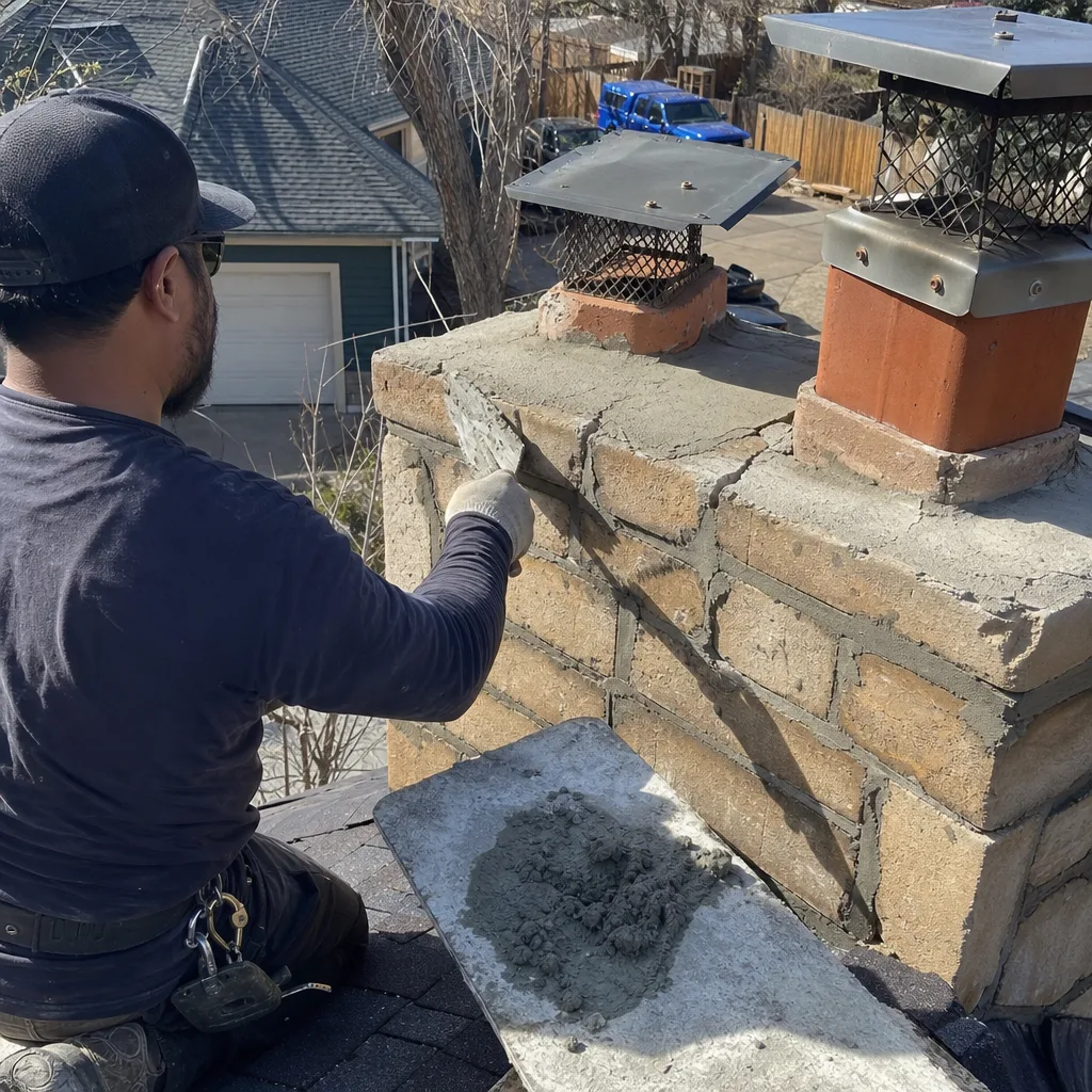Professional technician performing chimney brick repair on a rooftop