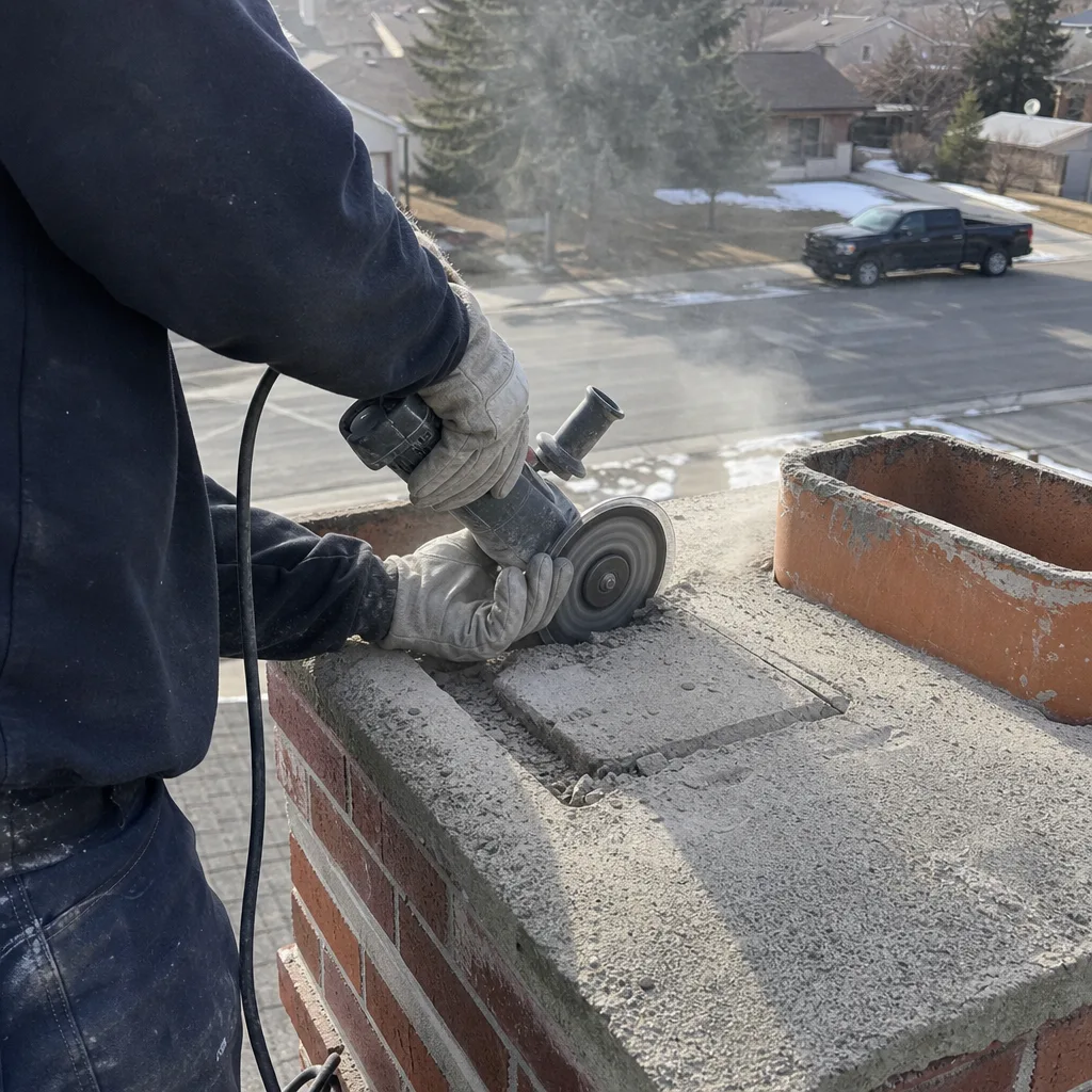 Professional technician performing concrete chimney cap repair and masonry restoration